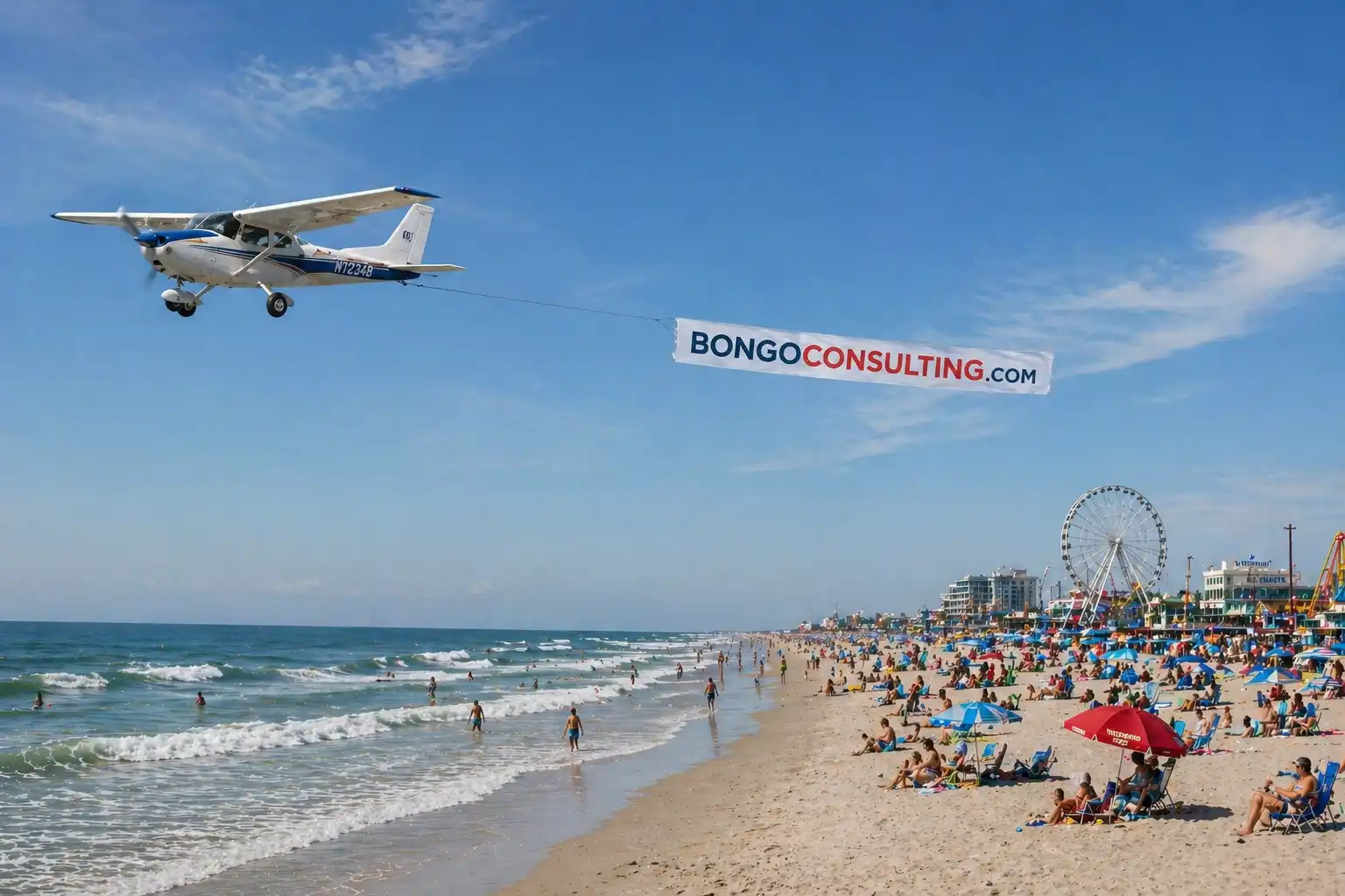 Bongo logo flying on plane on the NJ shoreline