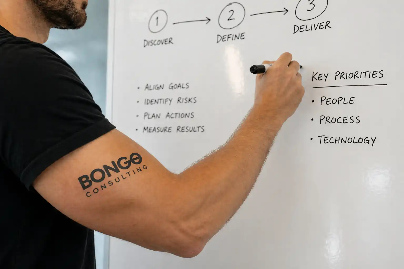 Gentleman writing on whiteboard with flexed muscle and Bongo logo on bicep