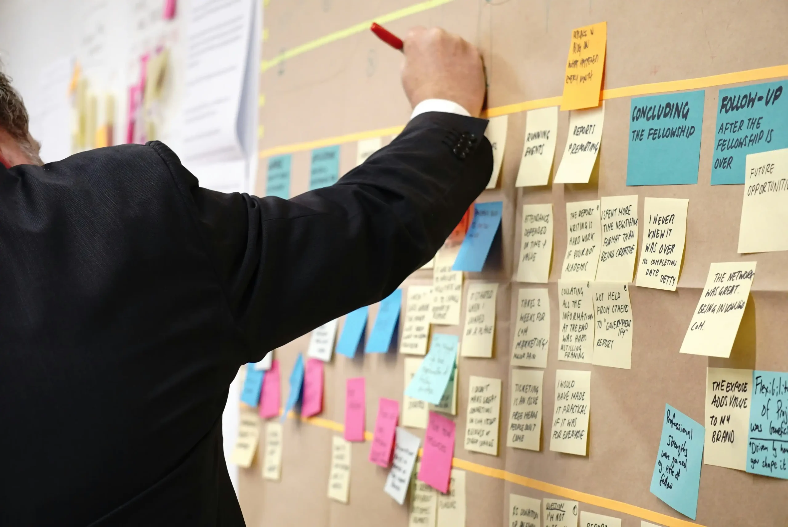 Business man writing on post-its on board