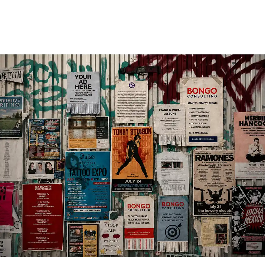 Collage of colorful Bongo marketing materials